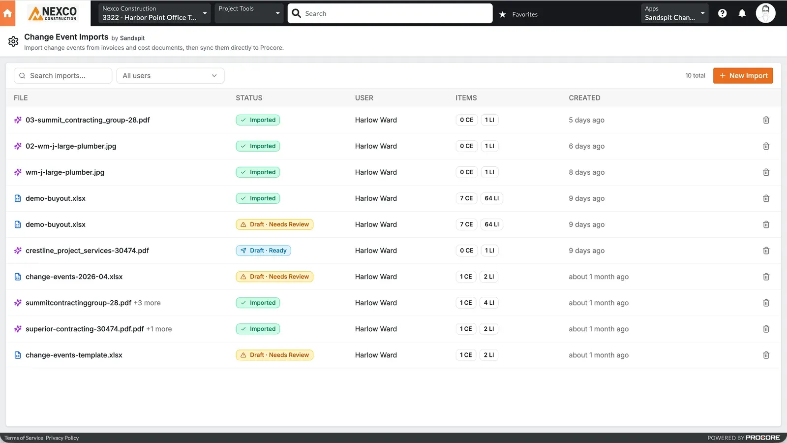 Sandspit embedded inside a Procore project page